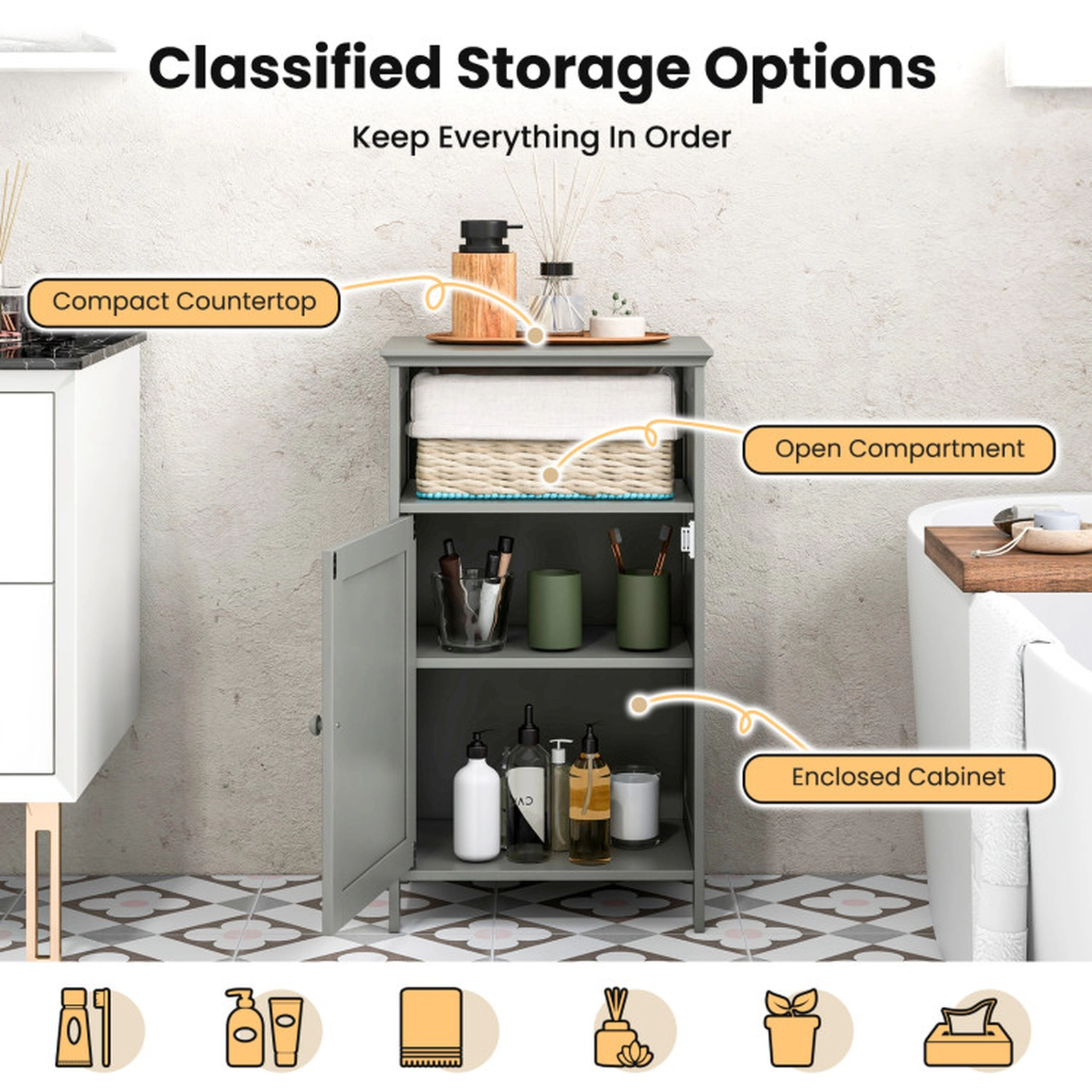 SUGIFT Gray 16-in Wide Freestanding Bathroom Floor Storage Cabinet with Open Cube and Adjustable Shelf