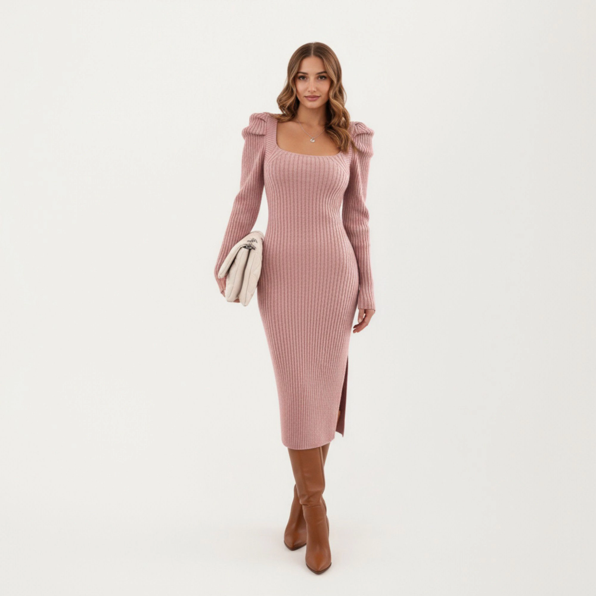 Anna-Kaci Women's Long Sleeve Ribbed Knit Bodycon Puff Shoulder Midi Dress