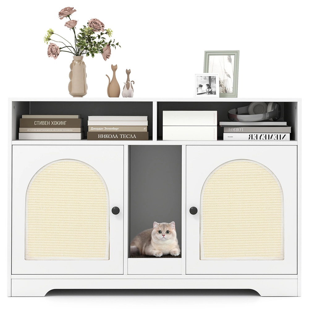 SUGIFT 43-in Wide Cat Litter Box Enclosure Cabinet with Double Rooms Scratching Board Storage Shelves White
