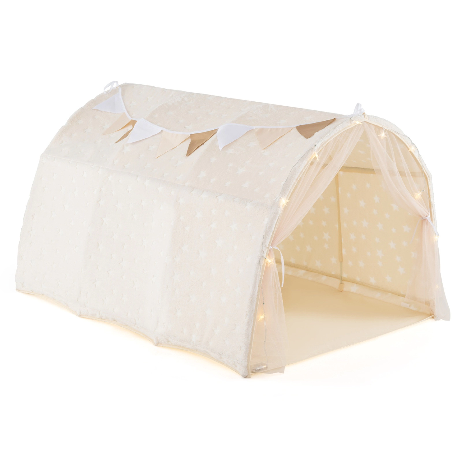 SUGIFT Kids Bed Tent Beige for Twin Bunk Bed with Glow in the Dark Stars