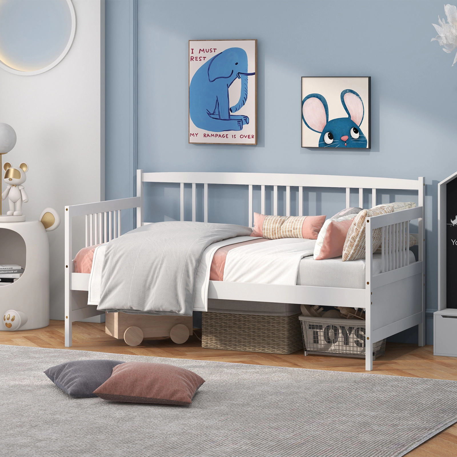 SUGIFT Twin Wooden Daybed Frame, White, 3 Rails, 10 Slats, No Box Spring Required