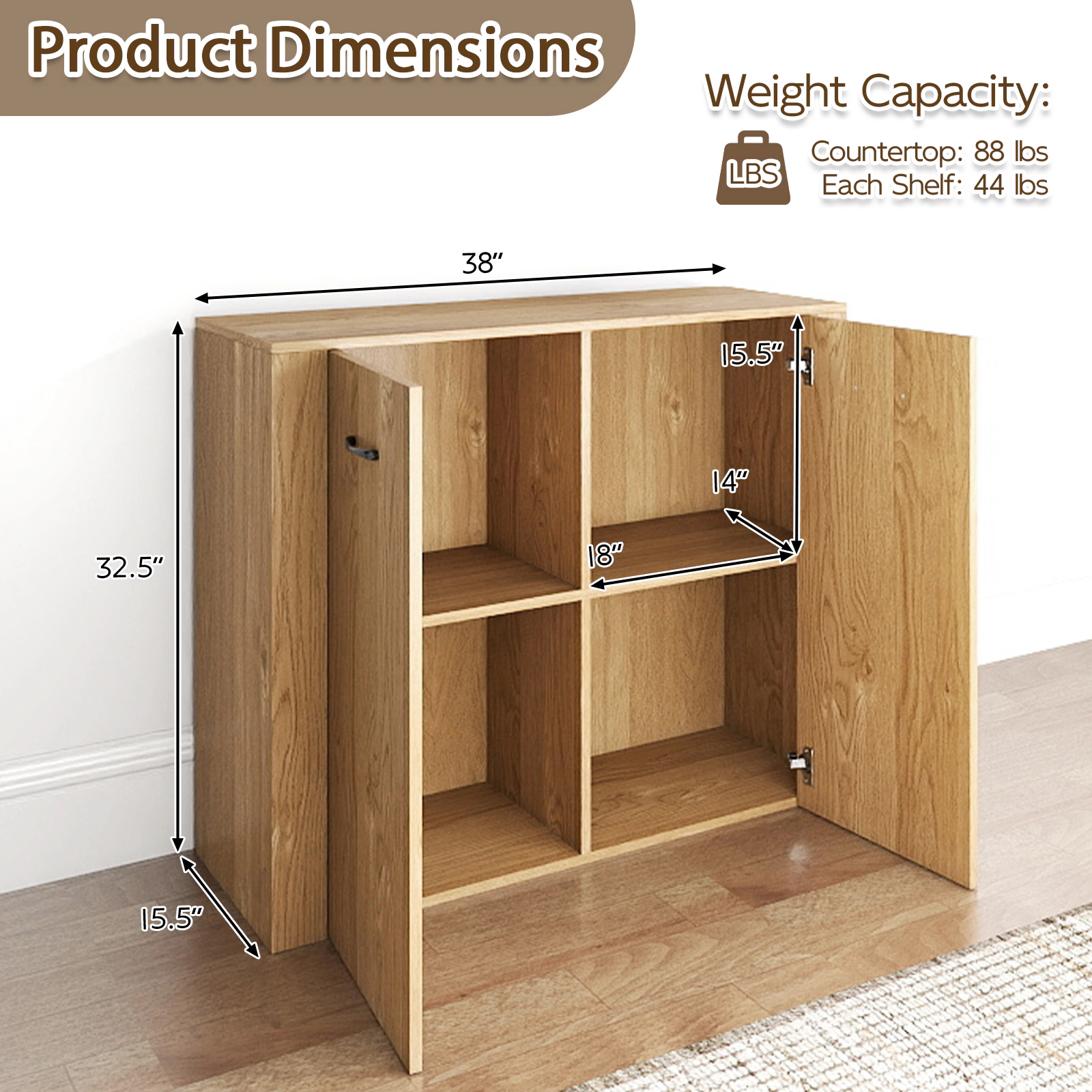 SUGIFT 38-in Sideboard Buffet Storage Cabinet with 4 Cube Shelves and Doors for Kitchen and Entryway