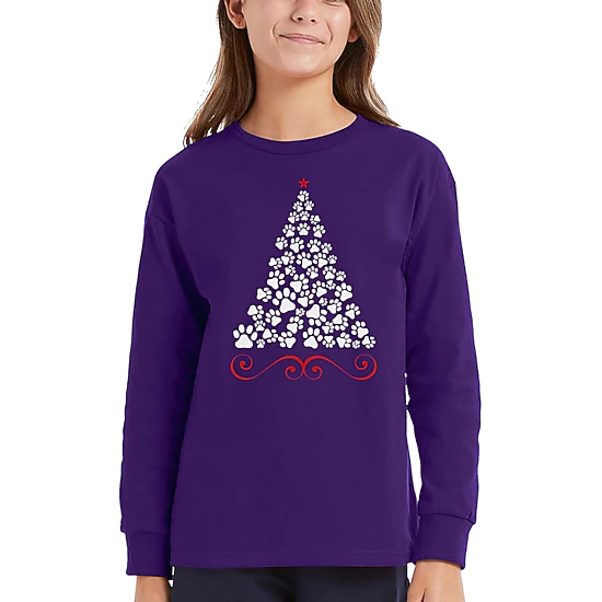 LA Pop Art Girls Long Sleeve Word Art T-Shirt - Paw Christmas Tree