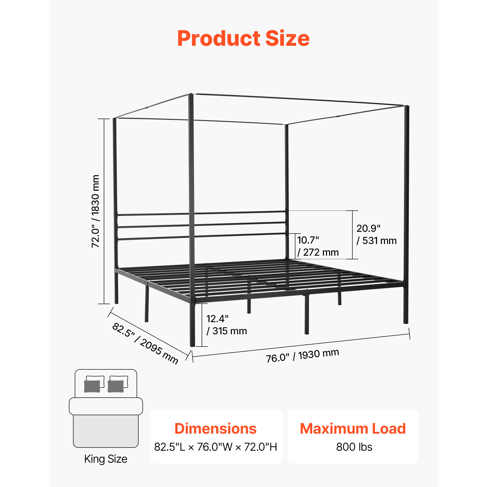 HONGGE Canopy Bed Frame Metal Canopy Bed with Four Posters Design Heavy Duty Steel Slats Support Underbed Storage Space