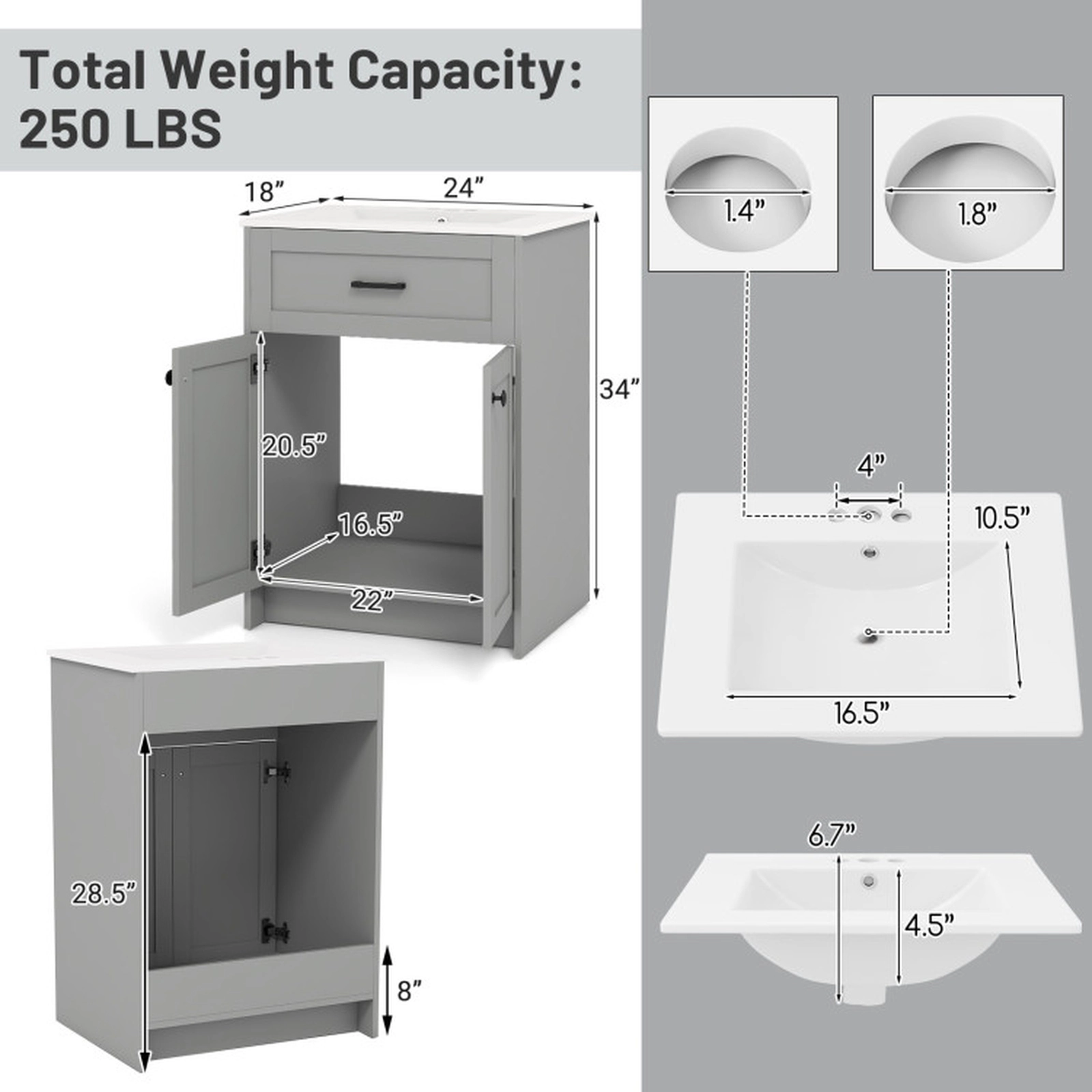 SUGIFT 2-Door Ceramic Basin Anti-Overflow Hole Bathroom Vanity Unit Cabinet 24-in x 18-in x 34-in 250-lb Capacity Gray