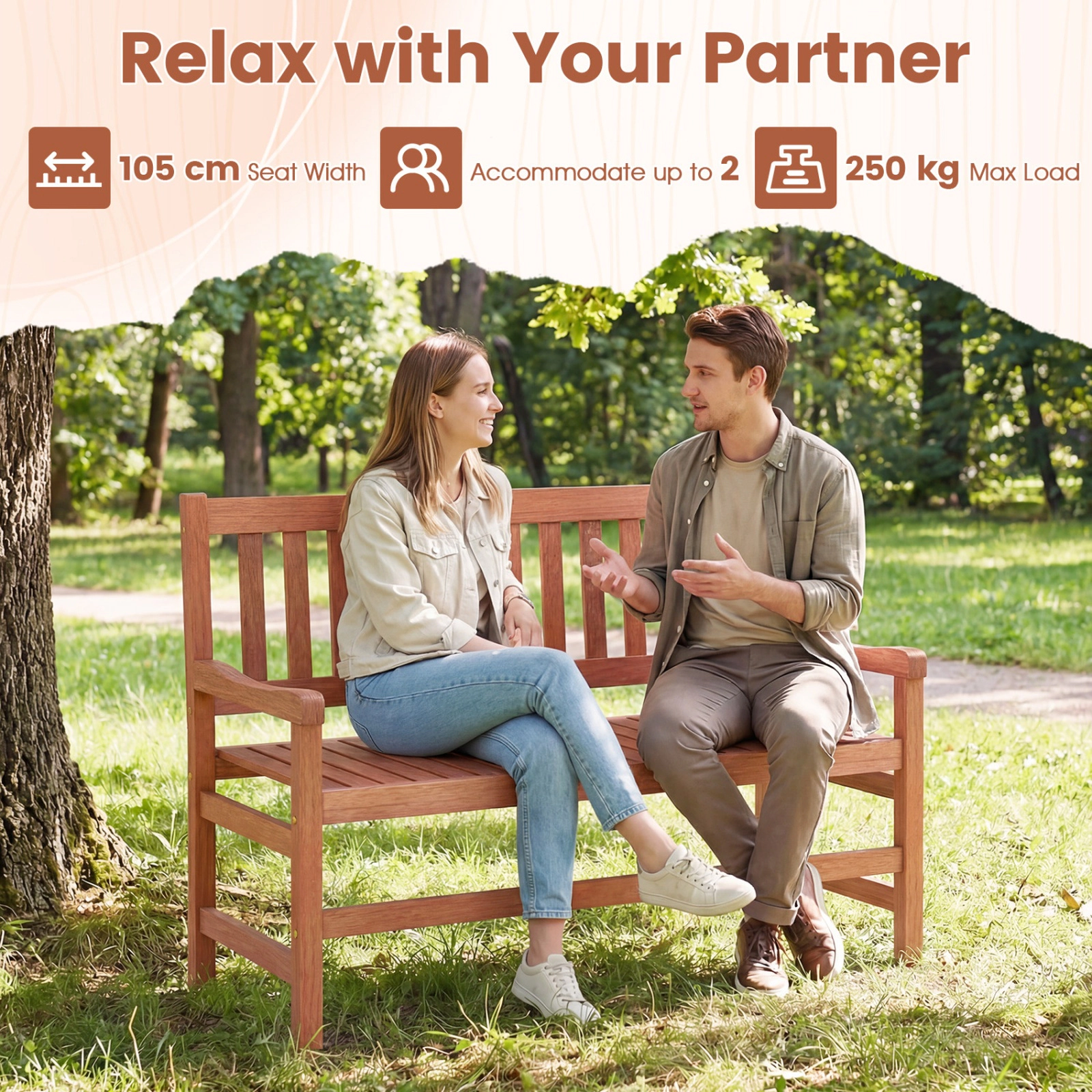 SUGIFT Solid Wood 44-in Outdoor Loveseat Bench 550-lb Capacity 2-Seat Teak Frame 41.5 x 19 in Seat Assembly Required