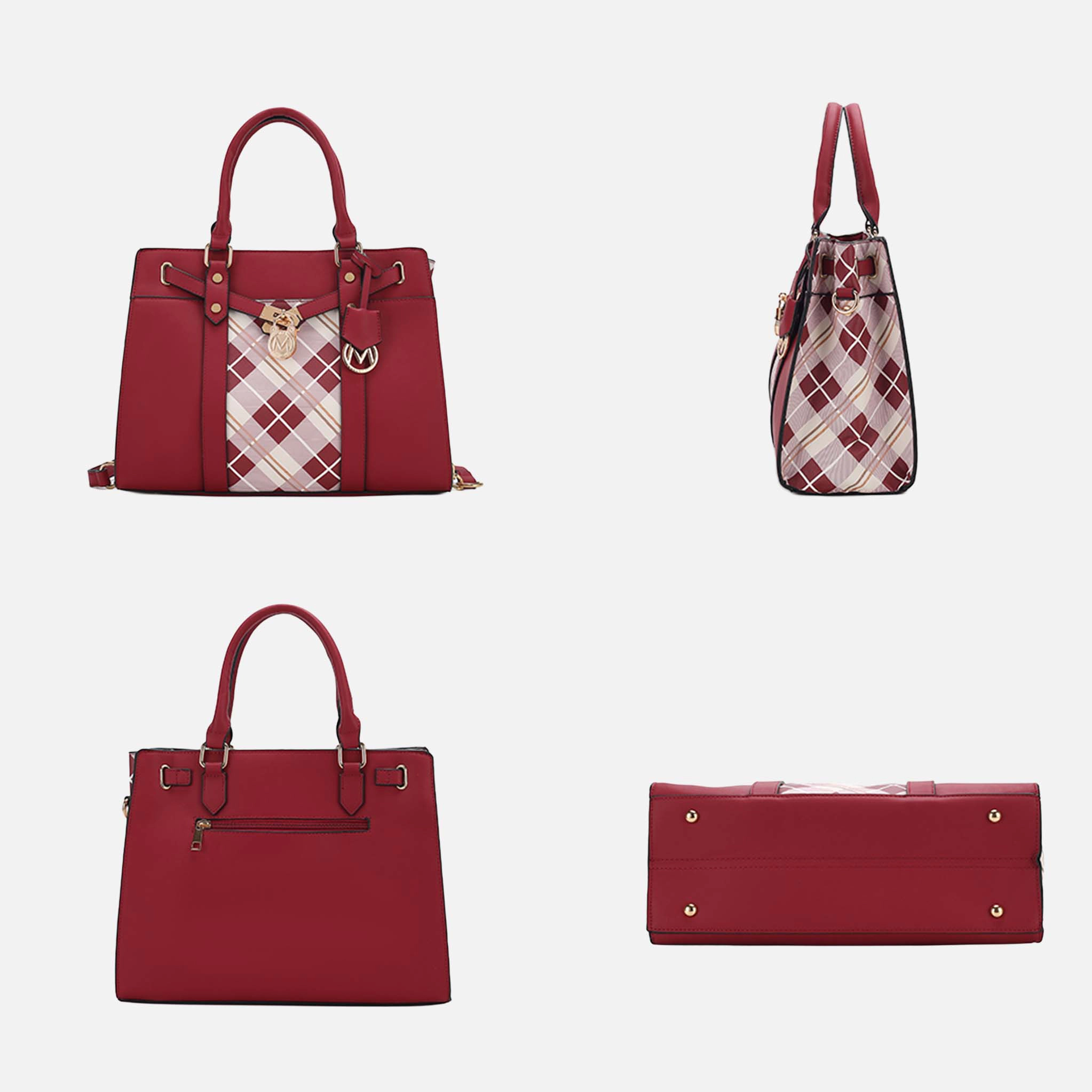 MKF Collection Christine Plaid Vegan Leather Satchel with Wristlet Wallet, Burgundy Red