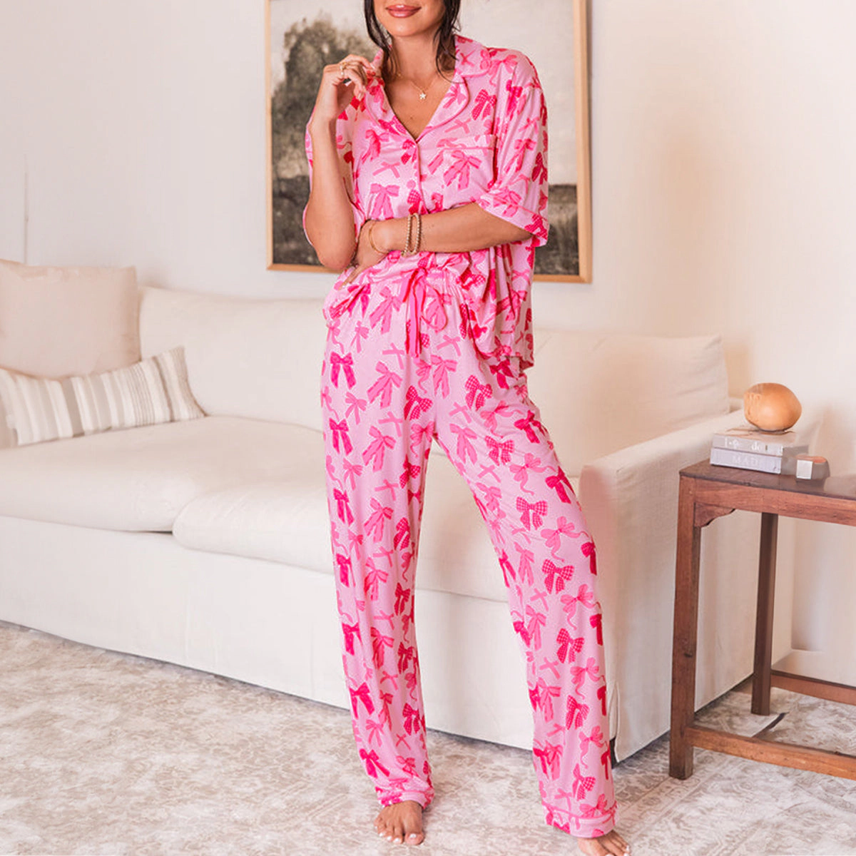 Sol Living Womens Bow Knot Print Lapel Collar Pajamas Set