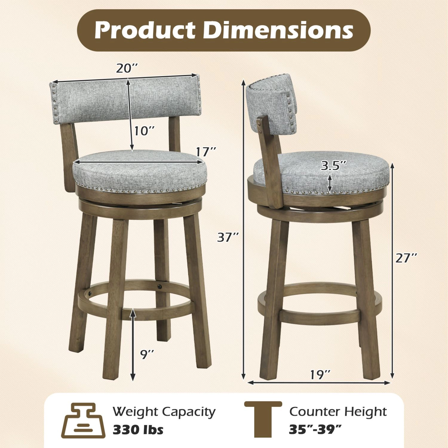 SlickBlue 27 in Swivel Counter Stools with Backrest, Gray Upholstered