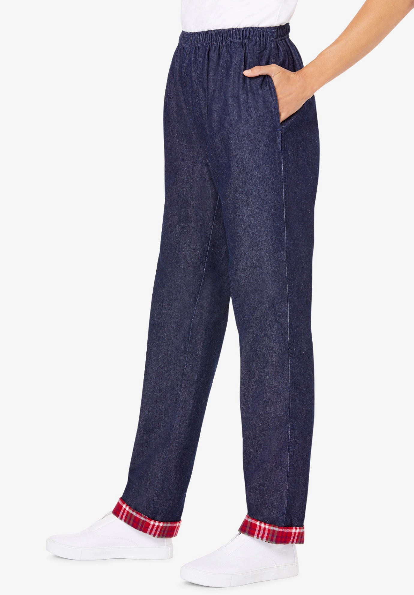 Woman Within Plus Elastic-Waist Cotton Straight Leg Denim Pant with Flannel Lining