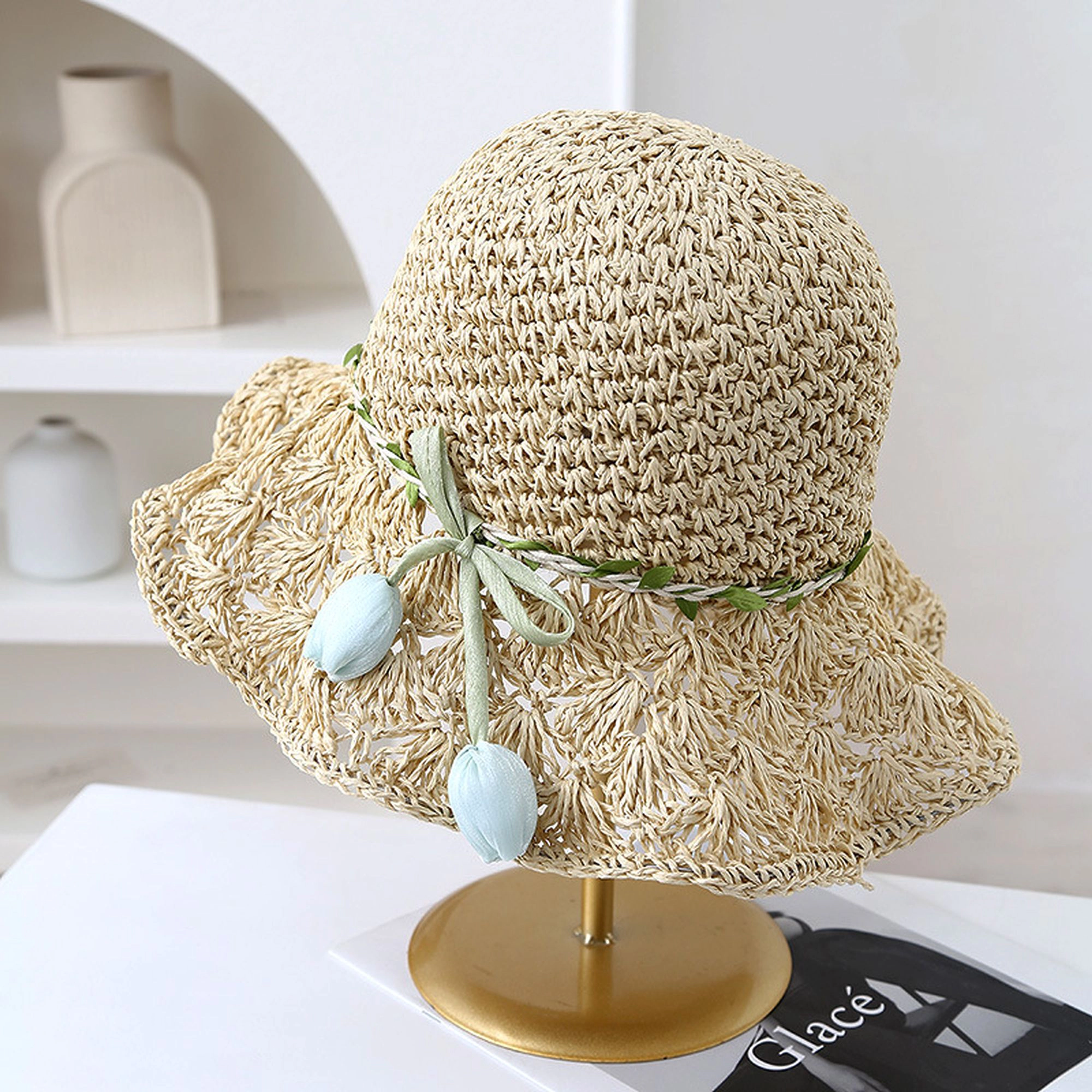 Anna-Kaci Women's Hand - Crocheted Straw Sun Hat with Floral Accents
