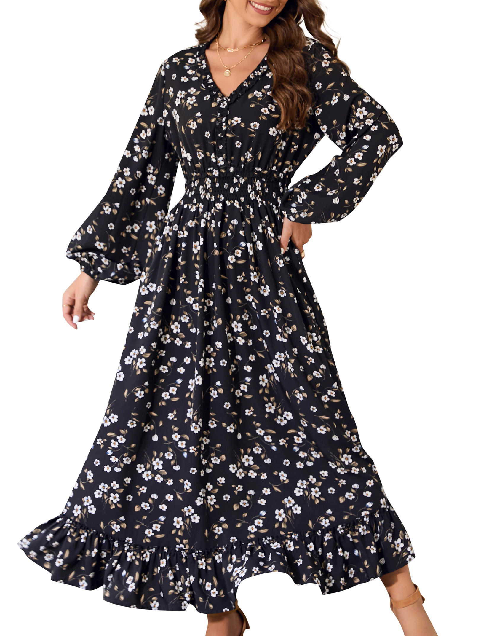 KOJOOIN Women's V Neck Floral Print Smocked Waist Maxi Dresses Flowy Dress