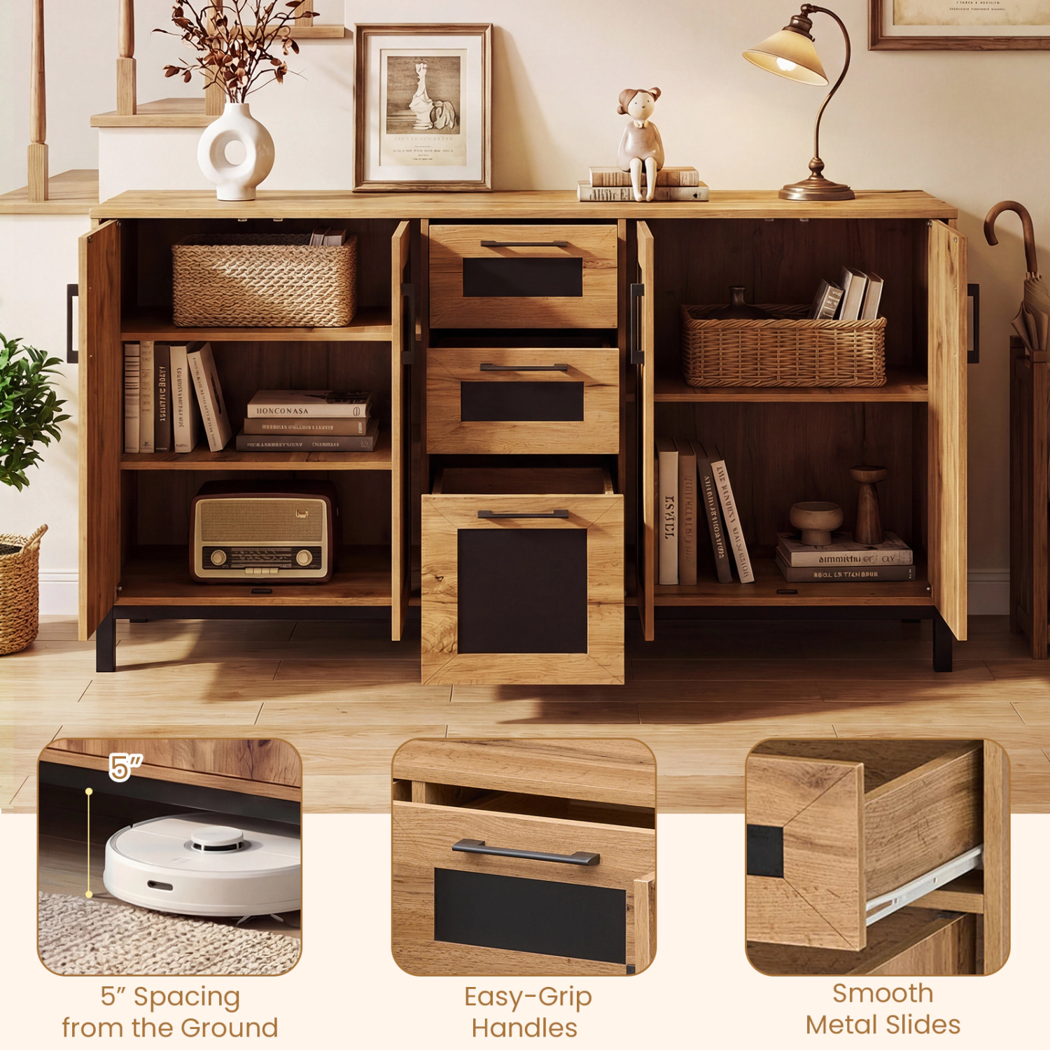Glintex 63-Inch Sideboard with 3 Drawers and 2 Double-Door Cabinets, Natural + Black