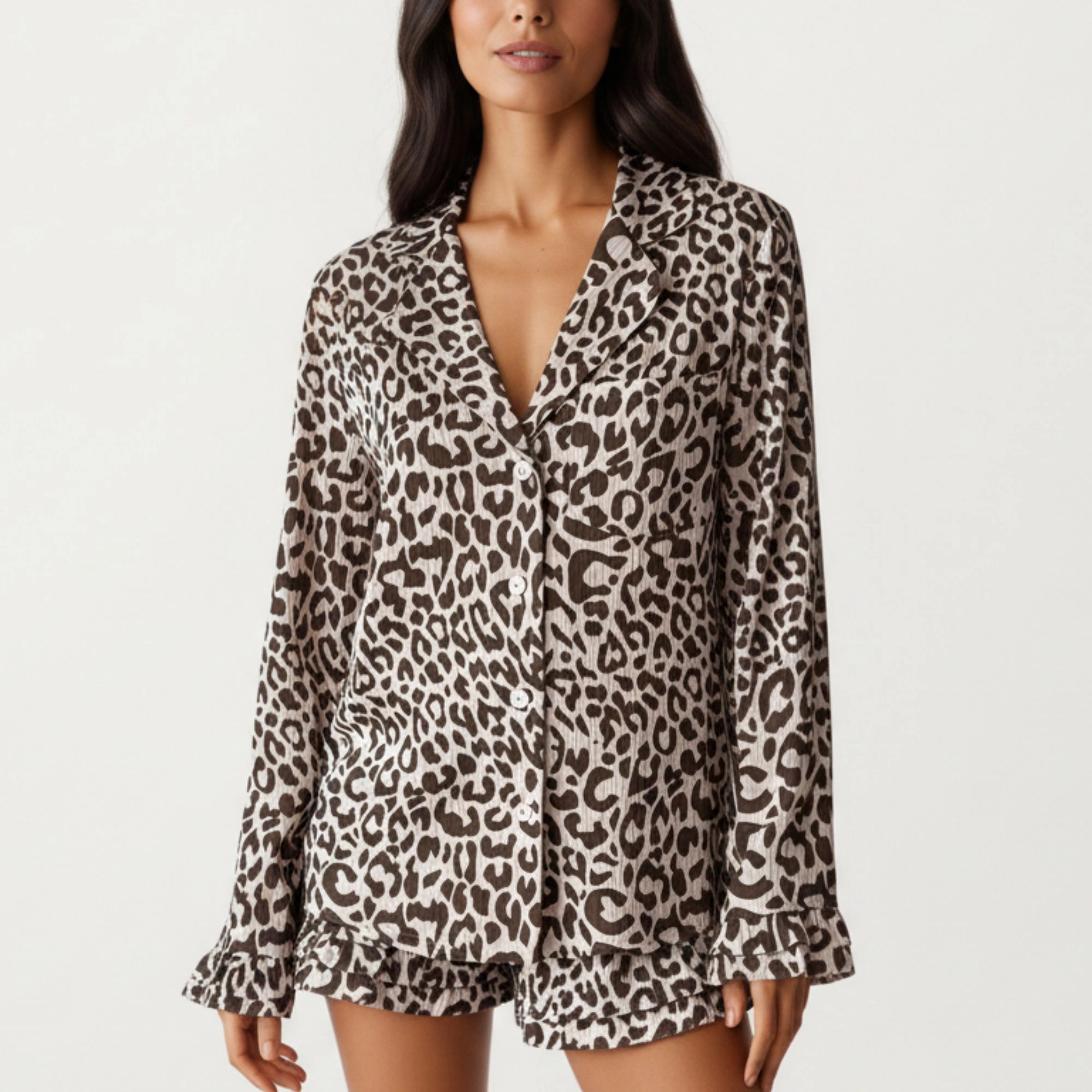 Anna-Kaci Women's Button Down Leopard Print Pajama Set with Ruffled Hem Shorts
