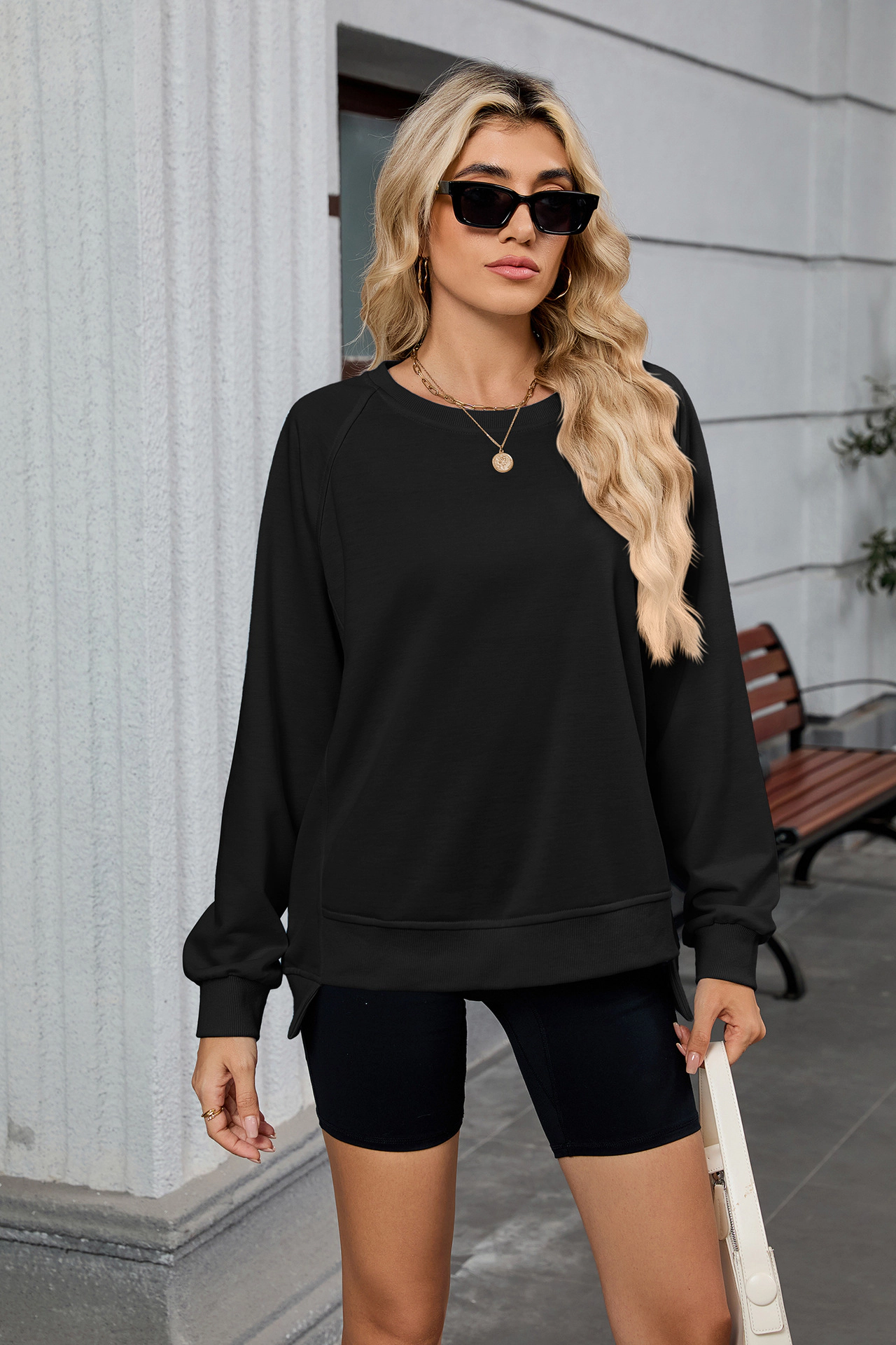 Enchanted Funland Womens Crew Neck Raglan Sleeve Long Side Slit  Pullover Tops