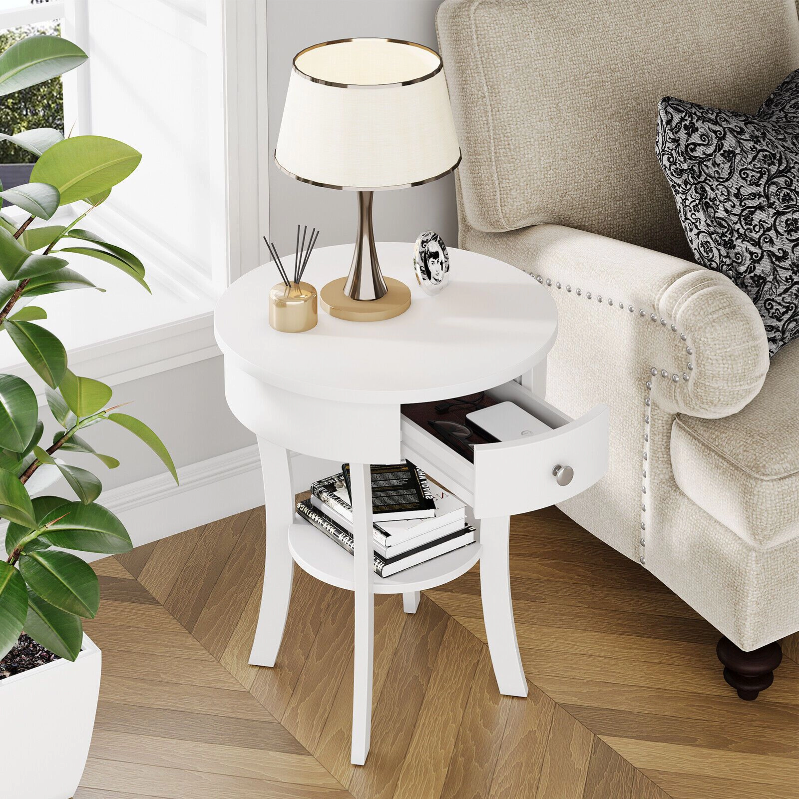 SlickBlue Modern Round End Table with Drawer and Storage Shelf