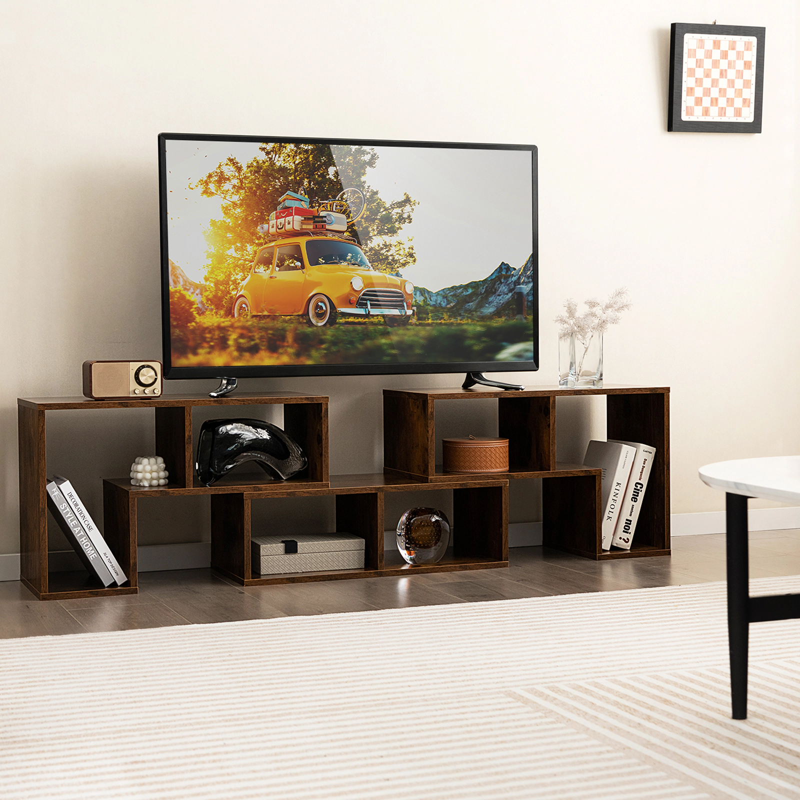 SUGIFT 3-Piece Brown Modular TV Stand for TVs up to 65 Inches, 6 Open Cubbies