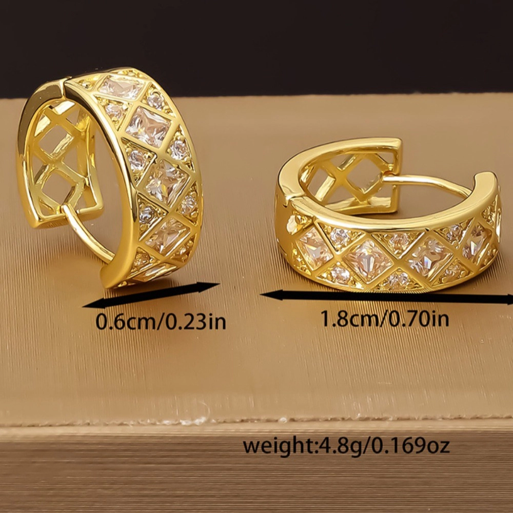 Hollow Lattice Cubic Zirconia Huggie Hoop Earring Gold Plated Rhombus CZ Hoop Earring