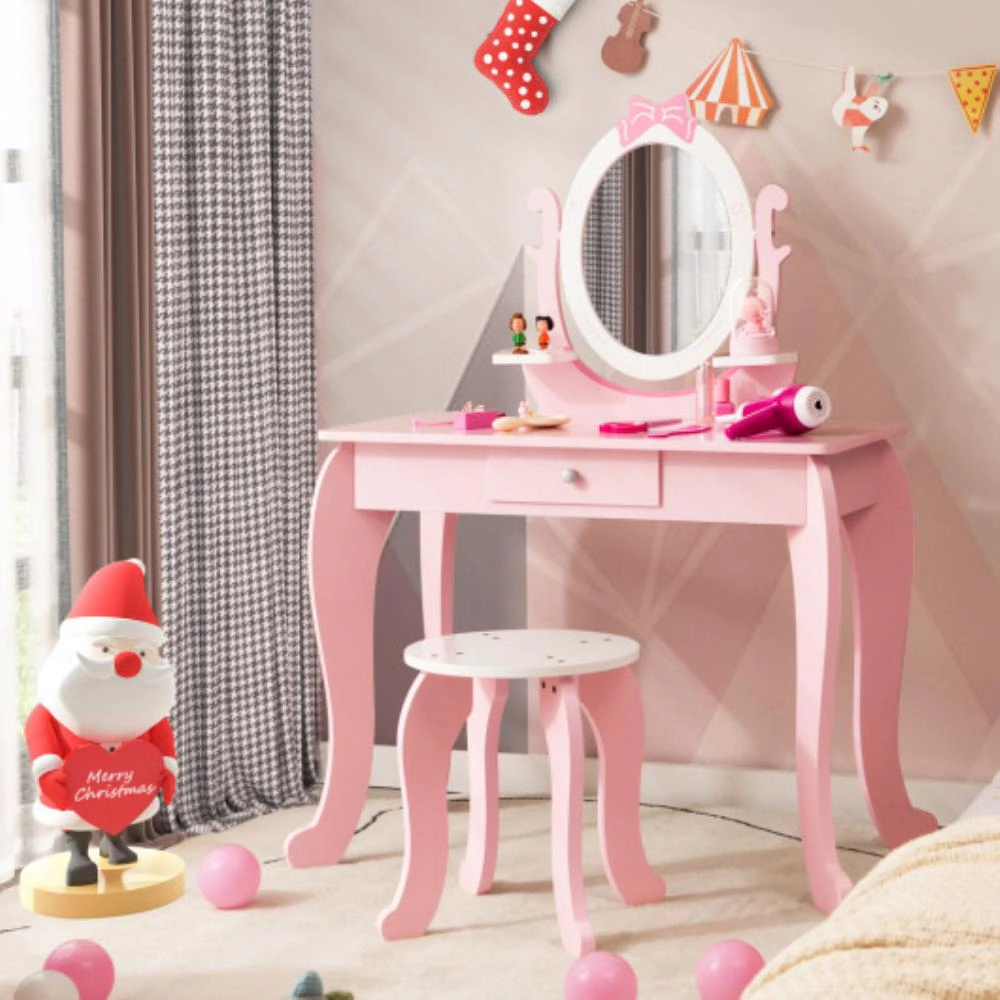 Hivvago Kid Vanity Table Stool Set With Oval Rotatable Mirror-Pink