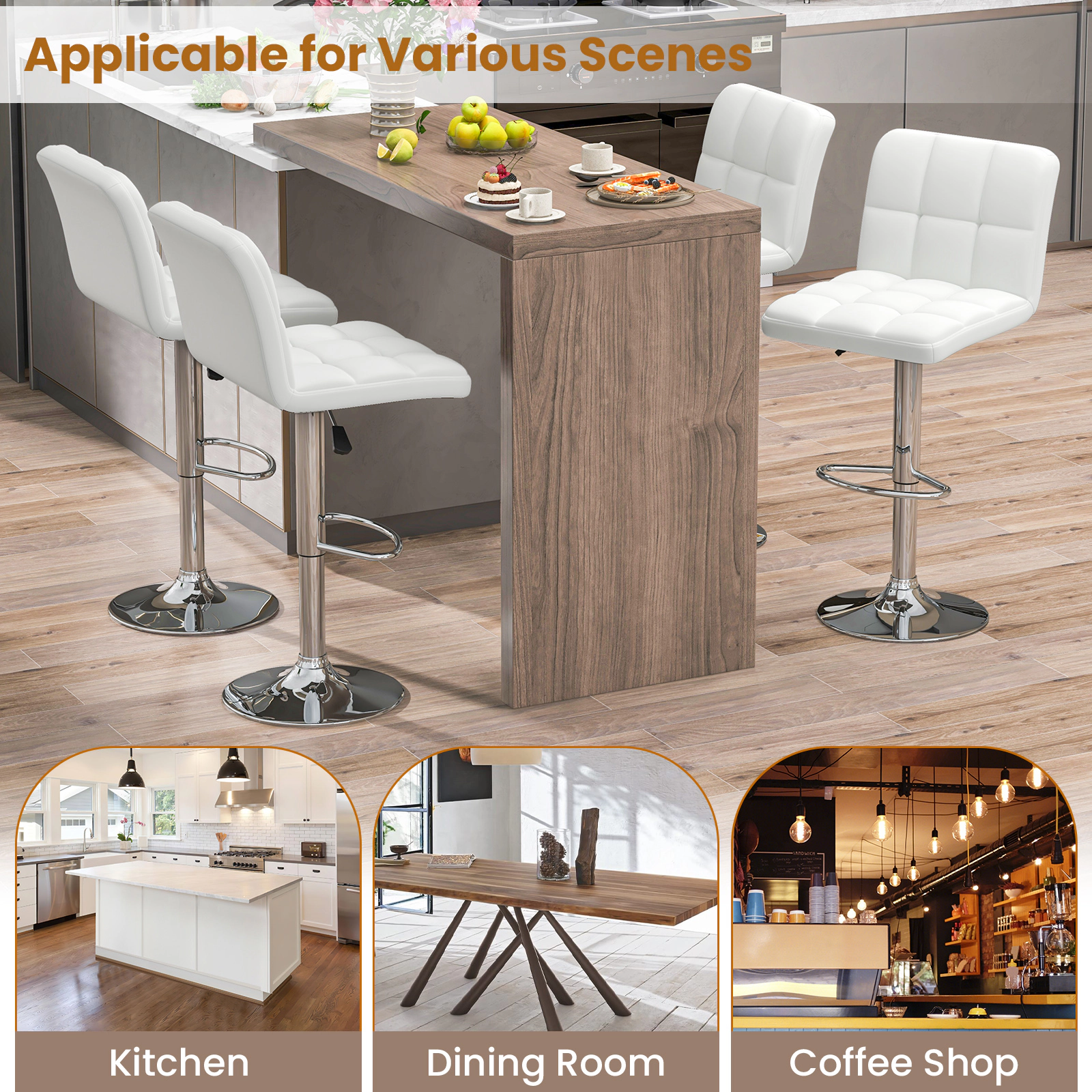 SUGIFT Modern Upholstered Adjustable Swivel Bar Stools Set of 2 Back & Footrest 250-lb Capacity 21-in Wide Seat White