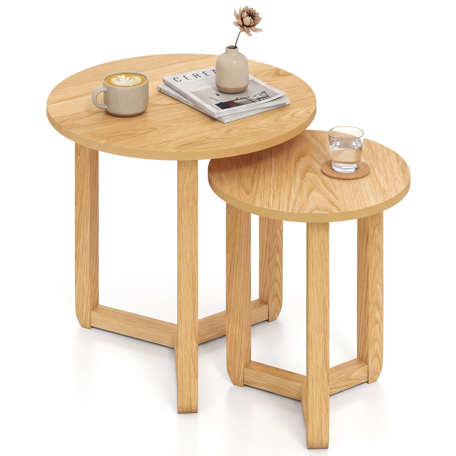 Glintex 2-Piece Round Nesting Table Set with Rubber Wood Tripod Frames