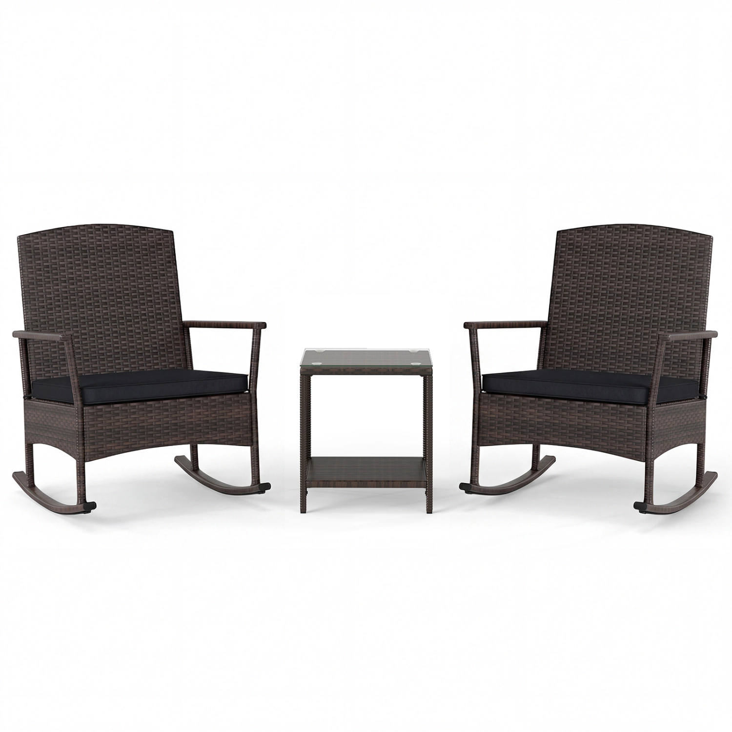 LJG 3 Piece Patio Rocking Set Wicker Chairs with 2-Tier Coffee Table