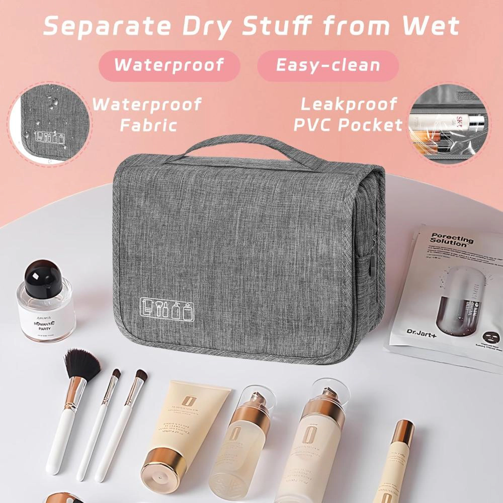 Positive Vibes Womens Gray Waterproof Toiletry Bag With Hanging Hook