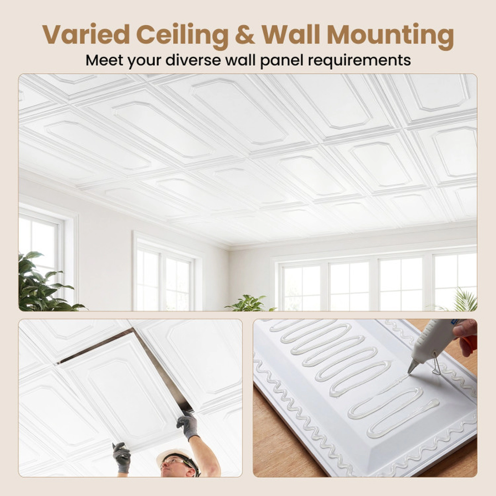SUGIFT 12-Piece 3D PVC Ceiling Covering Panels 48 x 24 in Each Paintable Easy-Clean White Set for Grid or Glue