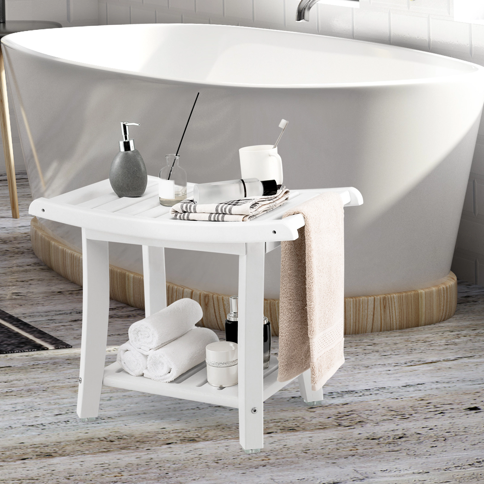 SUGIFT Waterproof 2-Tier HDPE Bath Stool Curved Slatted Seat 330-lb Top 66-lb Shelf Capacity 24 x 13.5 x 19-in White