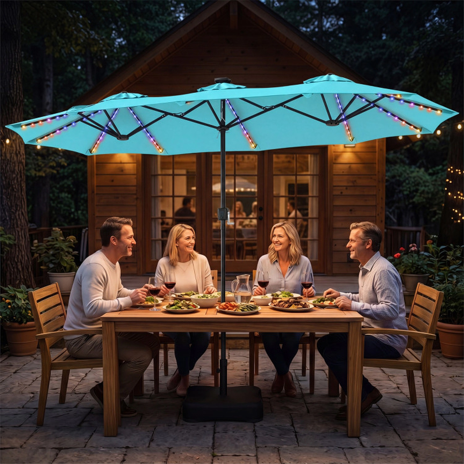 SUGIFT 13-ft Double-Sided Patio Umbrella with 108 LED Lights, Solar Panel, Crank Handle & 135-lb Fillable Base Turquoise
