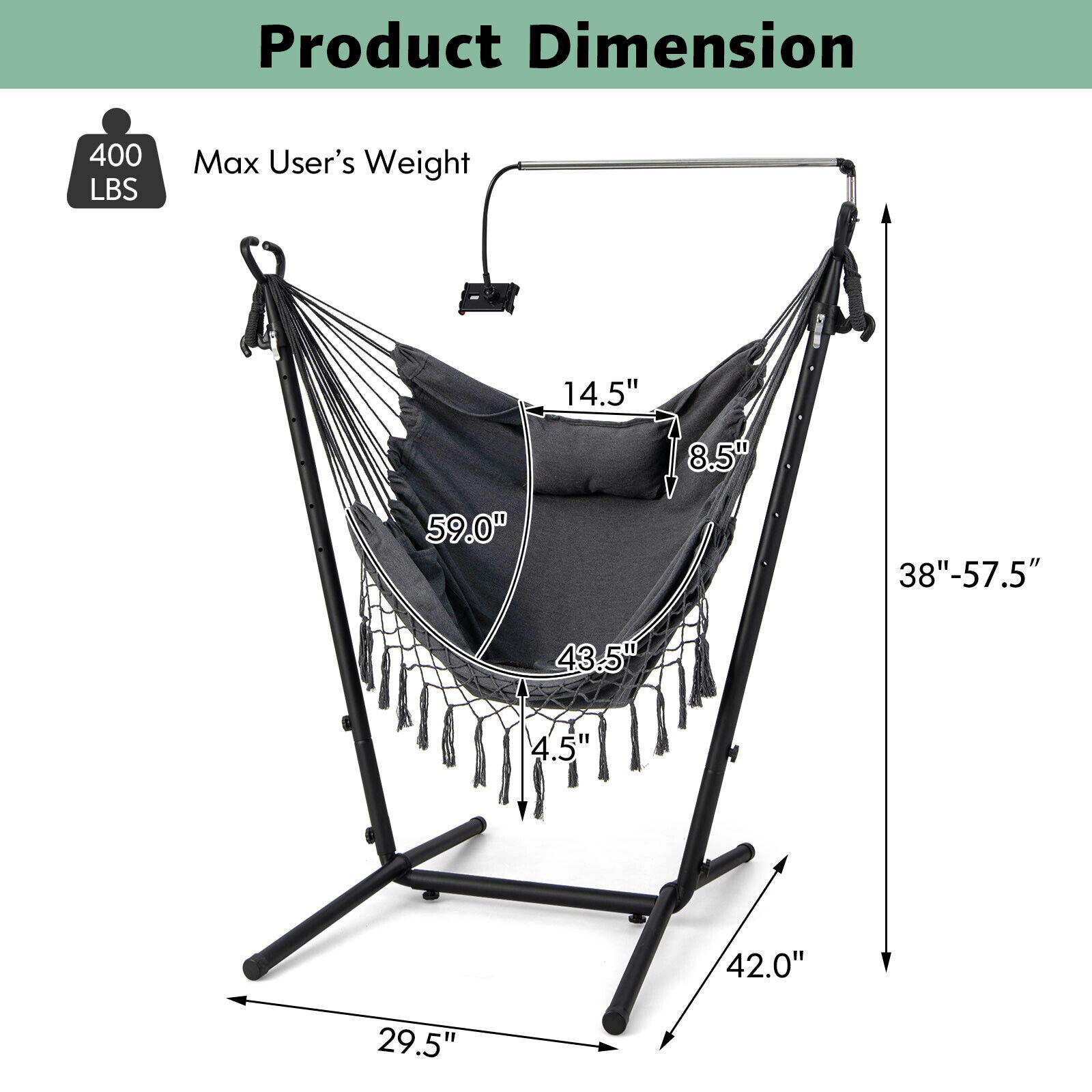 SUGIFT Height Adjustable Hammock Chair with 119° U-Shaped Stand, Phone Holder and Side Pocket 550-lb Capacity Gray