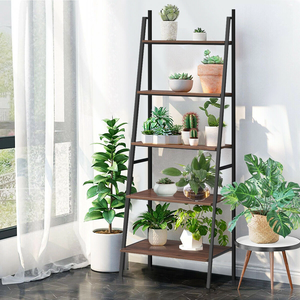 SUGIFT Brown 5-Tier Leaning Bookshelf 71 in Wood and Metal Trapezoidal Bookcase