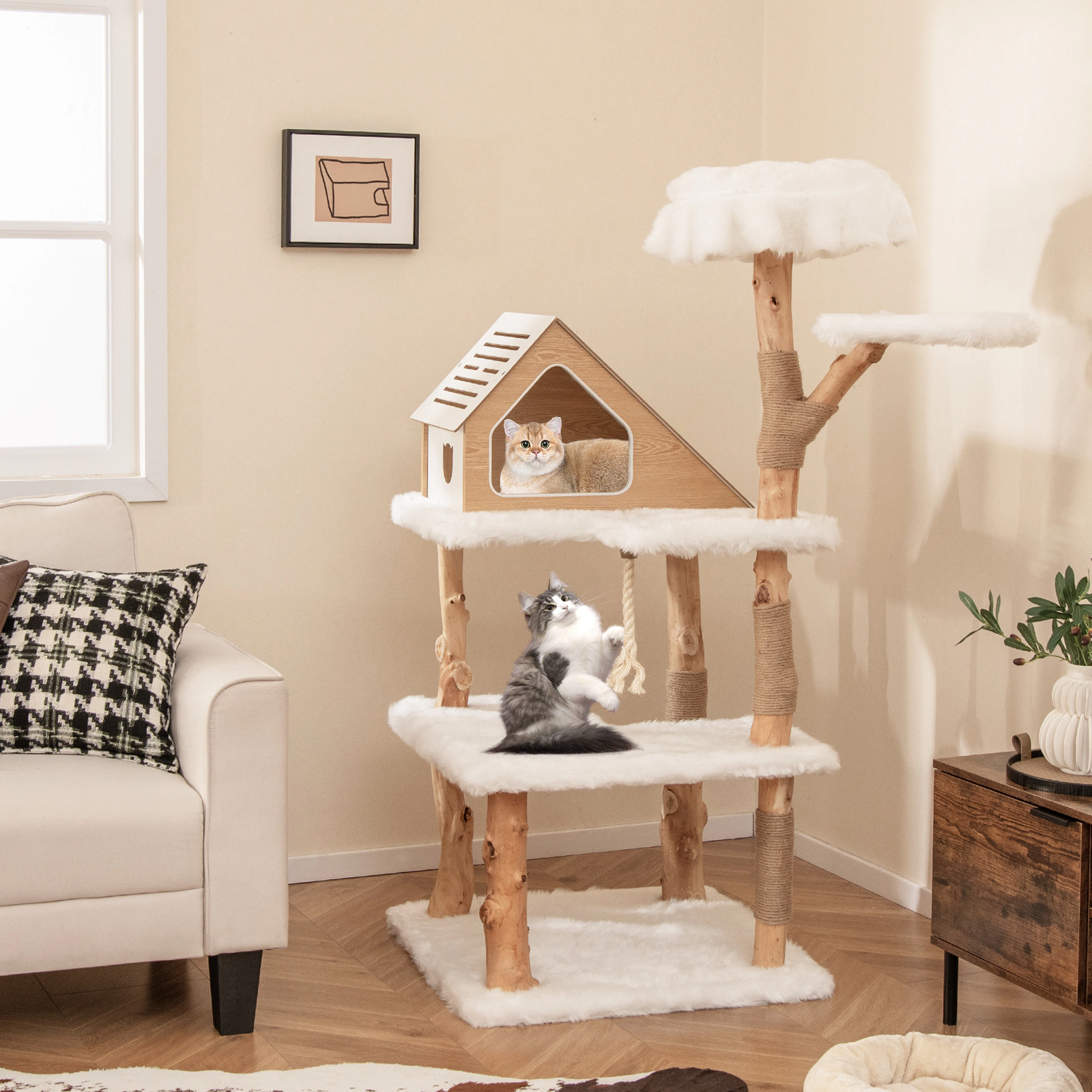 SUGIFT 60-in Solid Wood Modern Cat Tree Tower with Pear Wood Trunks 2 Perches and Vented Condo for Cats