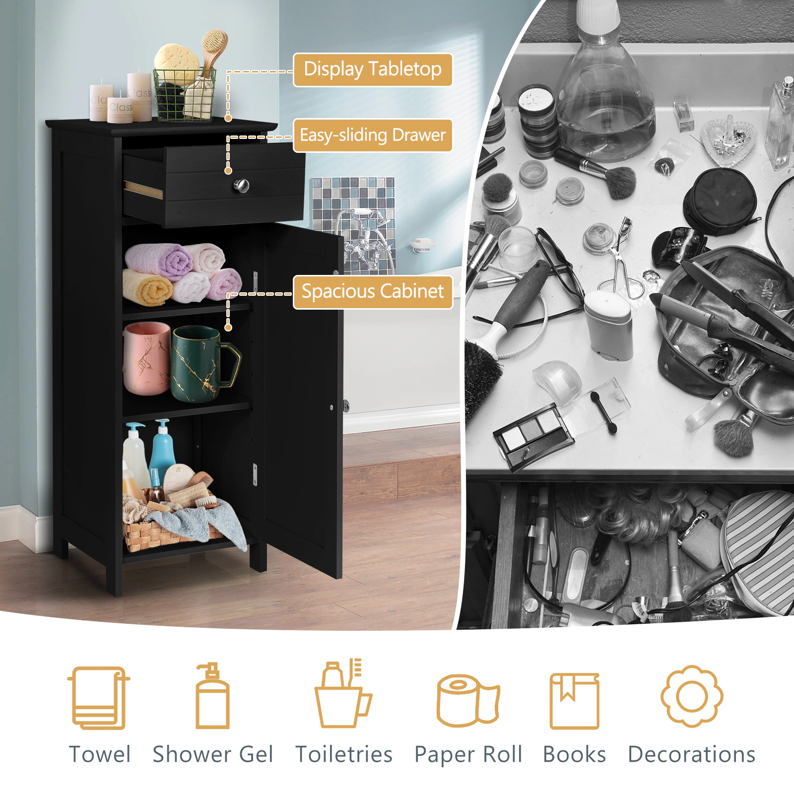 SUGIFT 1 Drawer 1 Door Adjustable Shelves Freestanding Bathroom Cabinet 14-in x 12-in x 34.5-in 132-lb Capacity Black