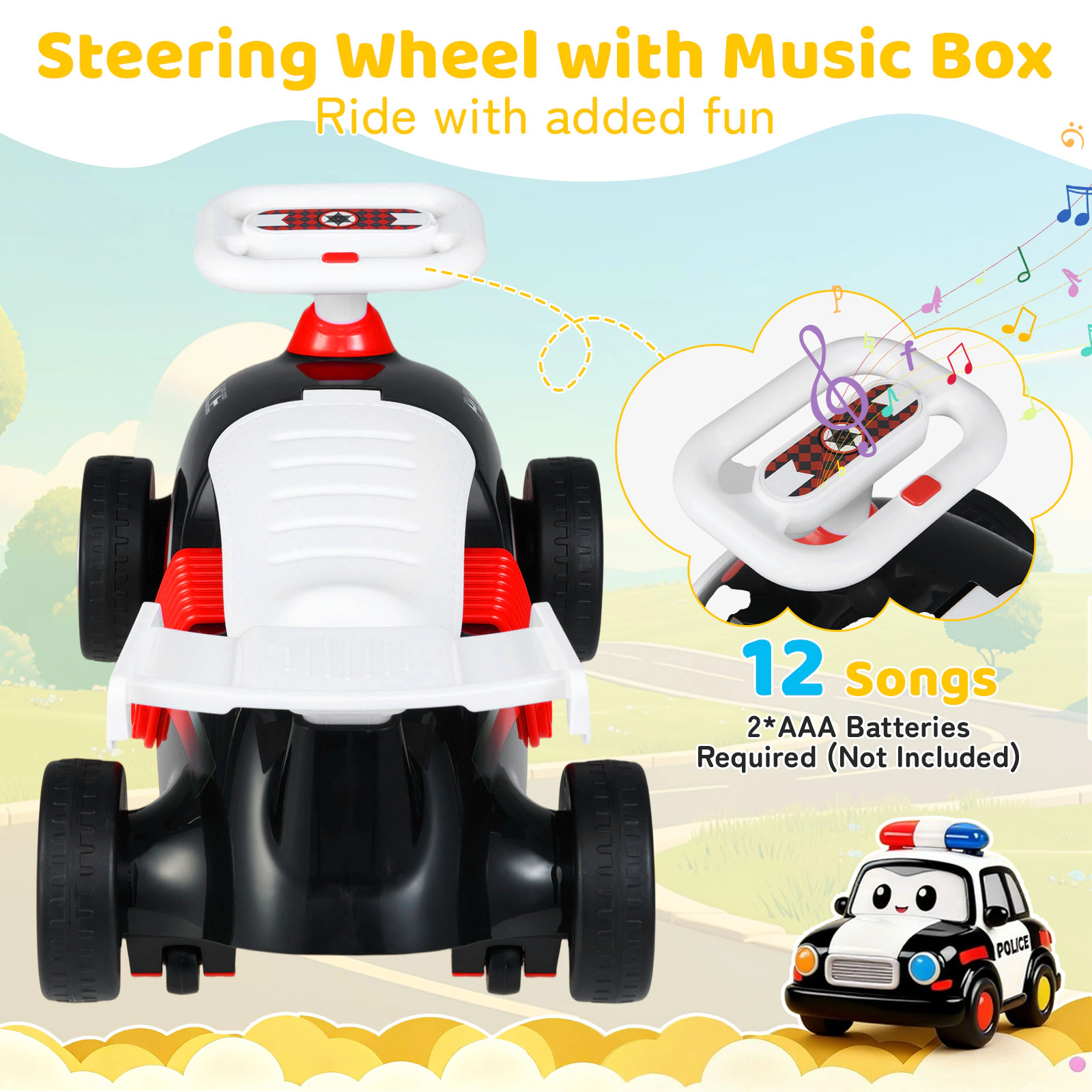 SUGIFT Black Toddler Ride-On Sliding Car with 12 Songs Under Seat Storage and Universal Wheels 33-lb Rider