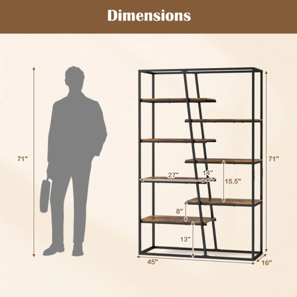 Hivvago Industrial Open Shelf Bookcase with 7-Tier Metal Storage Frame