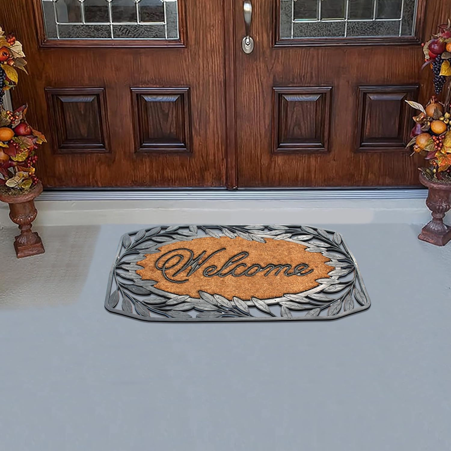 A1 Home Collections Oval Coir and Rubber Door Mat 38x23 Inches Anti-Shed Heavy Duty Non-Slip Leaf Border Welcome Black