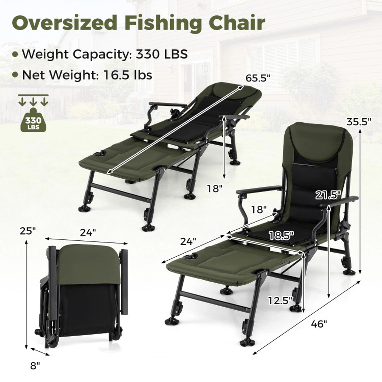 SUGIFT Green Oversized Folding Fishing Chair with Detachable Footrest 24-in W 46-in D 330-lb Chair Capacity