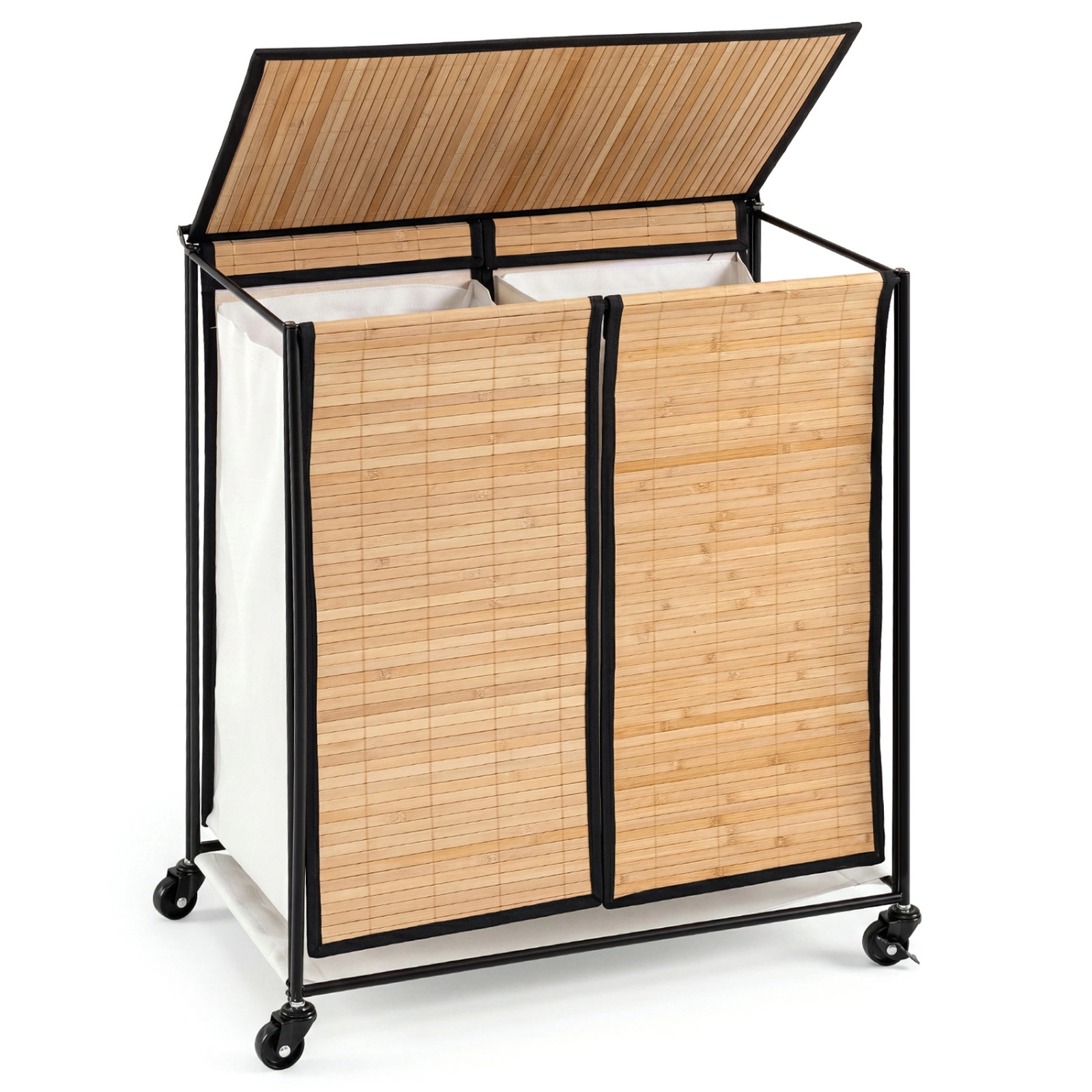 SUGIFT 18.5 Gallon Laundry Hamper Natural 2-Section with Lid and Lockable Wheels