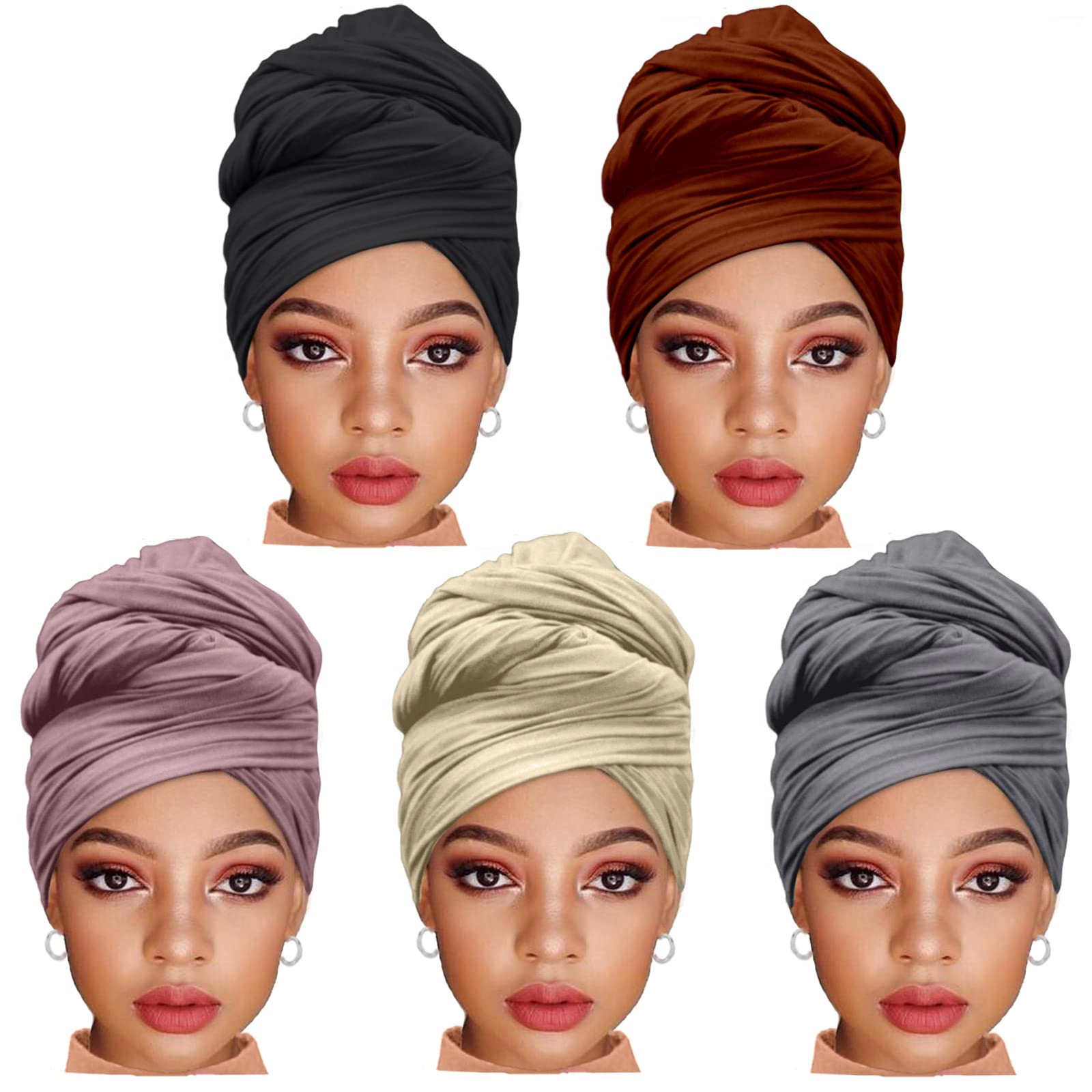 5 Pcs Stretch Jersey Turban Headwrap for Women, Boho Extra Long Soft Breathable Easy Knot Hijab Tie