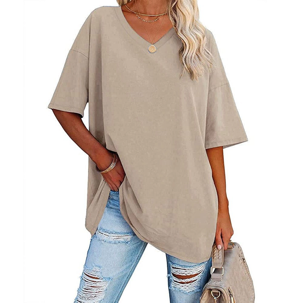 Enchanted Funland Womens V‑Neck Drop Shoulder Oversized Side Slit Short Sleeve Tops