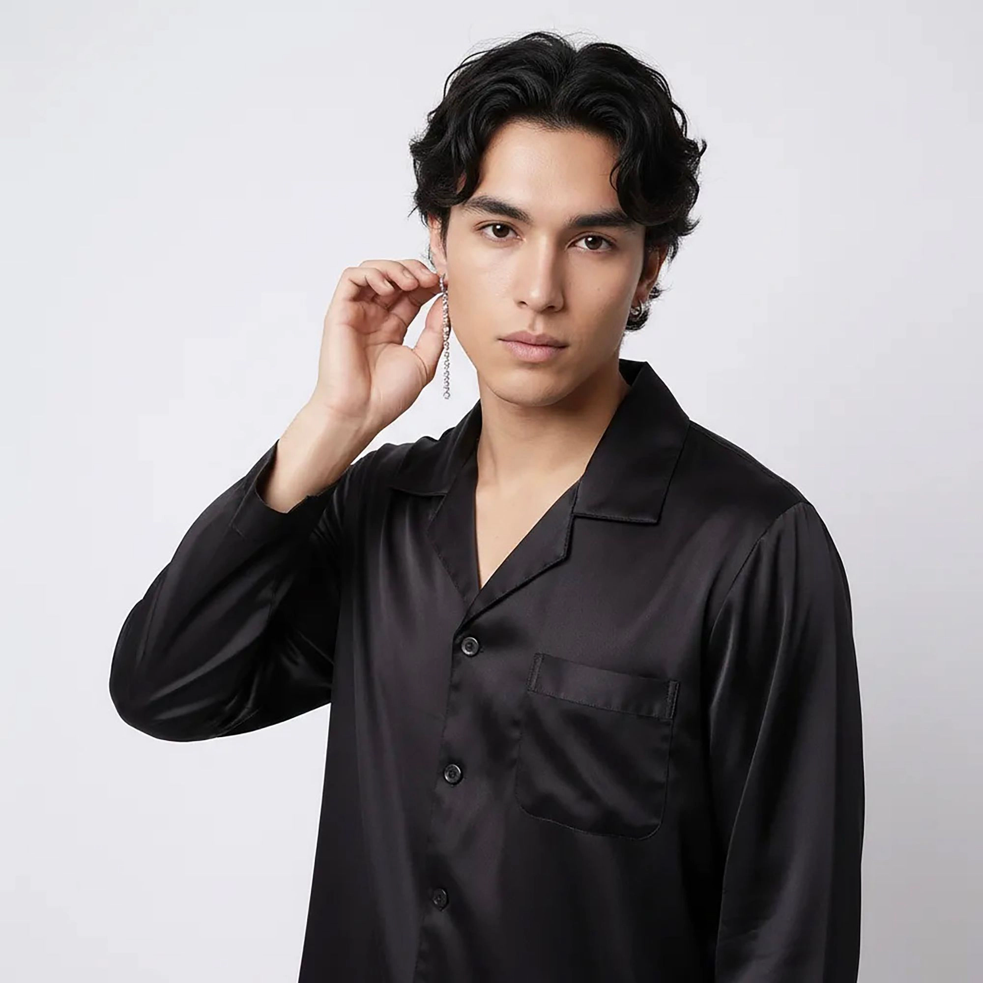 Anna-Kaci Men's 2-Piece Satin Pajamas with Contrast Piping and Button Up Top