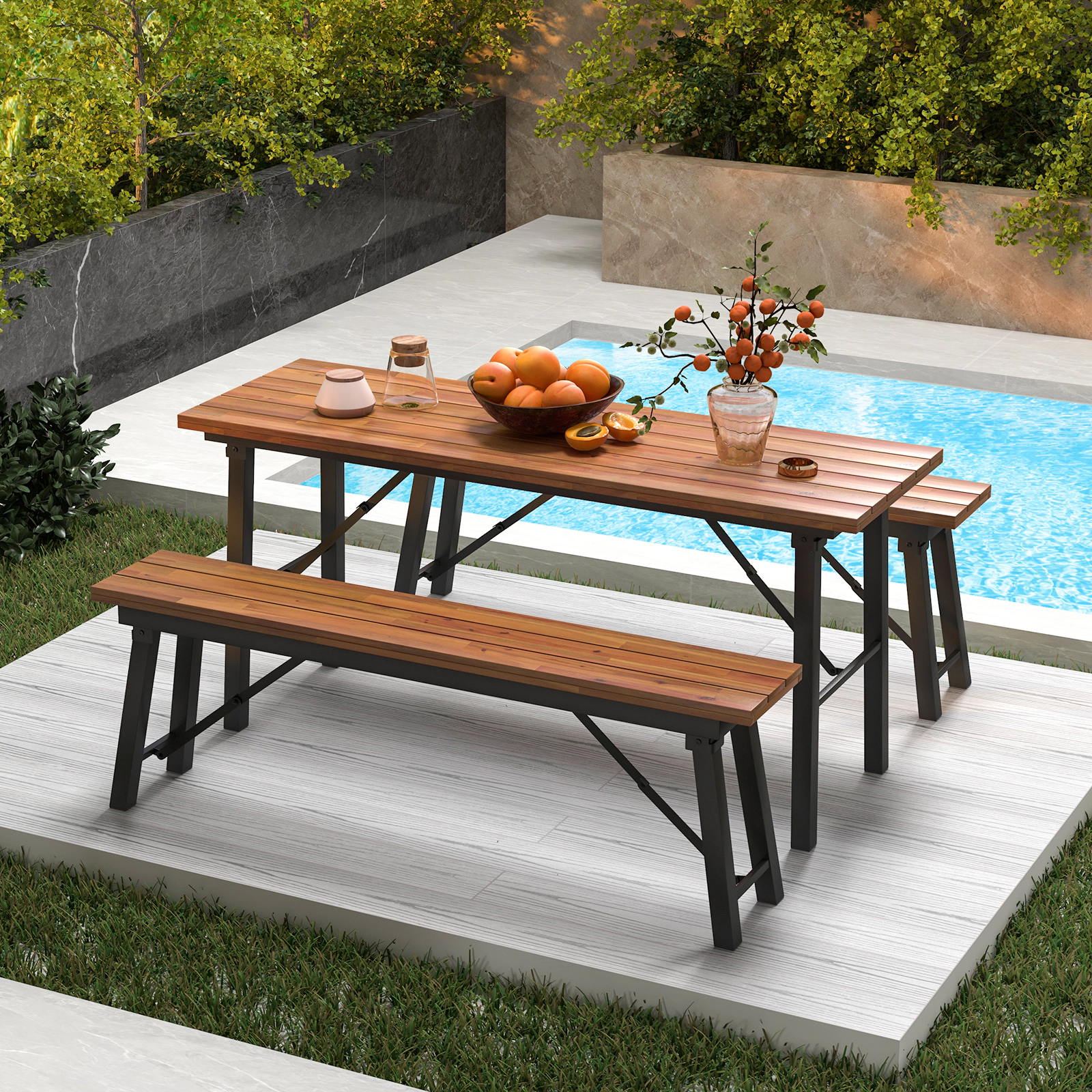 Hivvago Folding Picnic Bench Set Rectangular Acacia Wood Dining Camping Bbq Benches