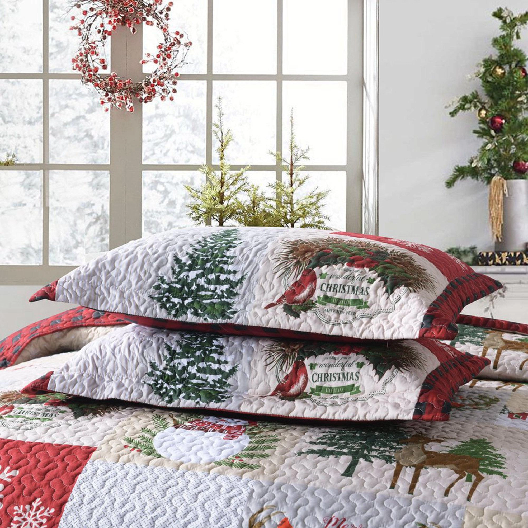 MarCielo 3 Piece Christmas Snowman Patchwork Quilt Bedspread Set – Reversible Holiday Bedding