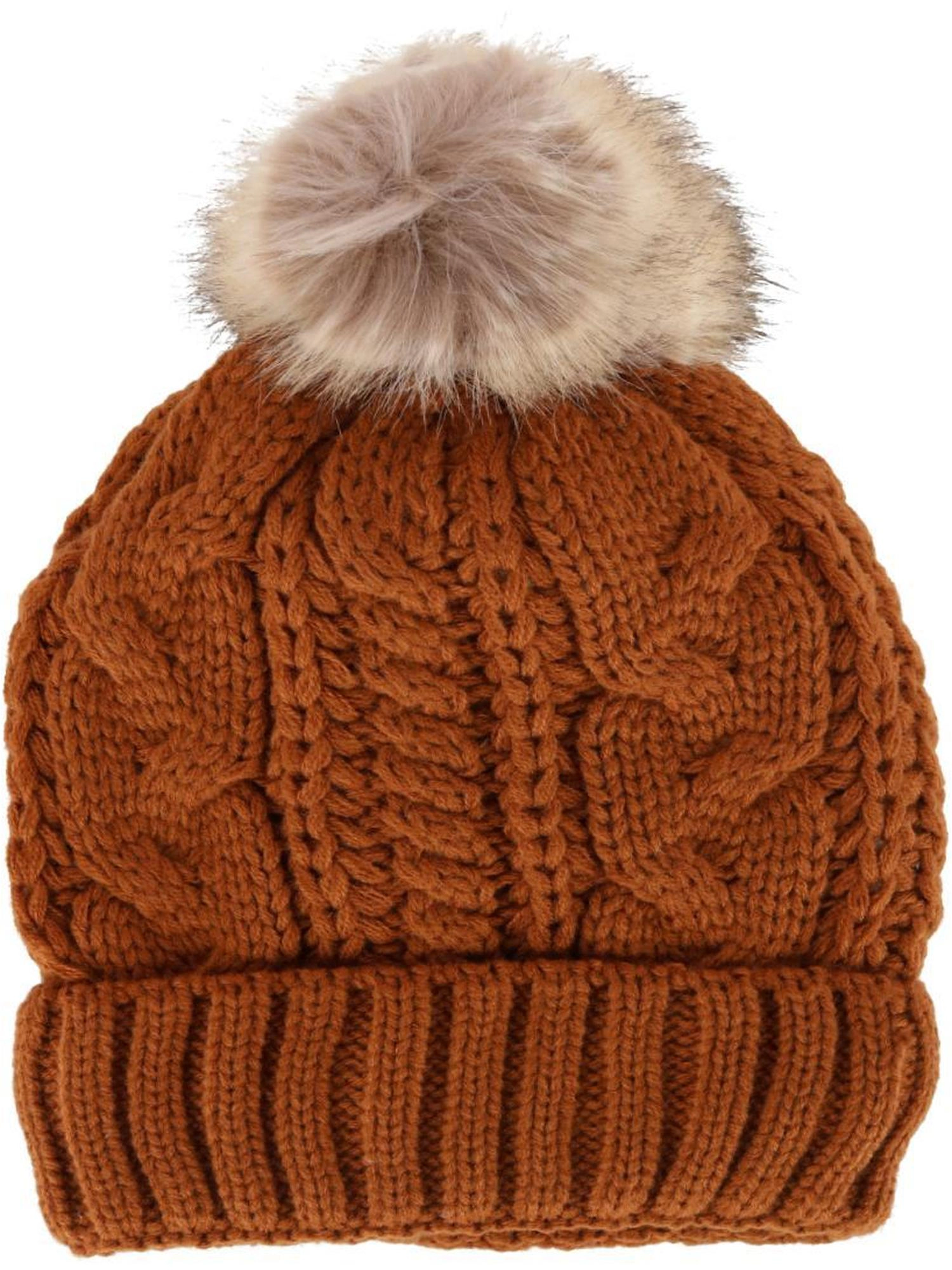 CTM Women's Cable Knit Lined Winter Beanie with Synthetic Fur Pom