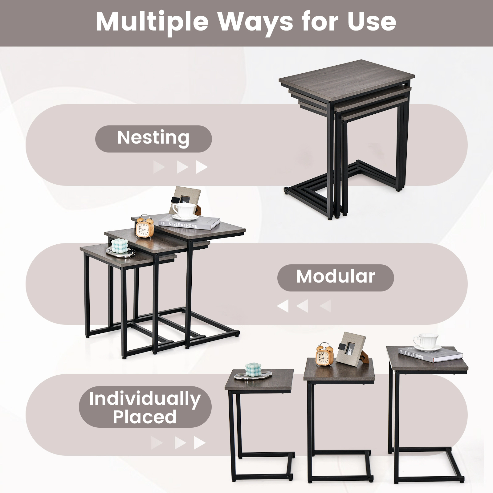 Glintex 3-Piece Stackable C-Shaped Nesting Side Table Set with Steel Tube Frames, Oak
