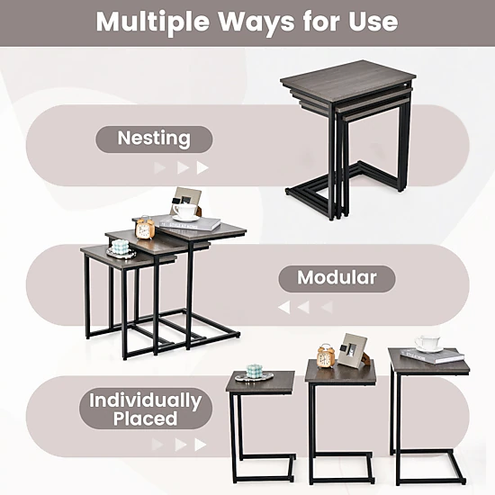 Glintex 3-Piece Stackable C-Shaped Nesting Side Table Set with Steel Tube Frames, Oak