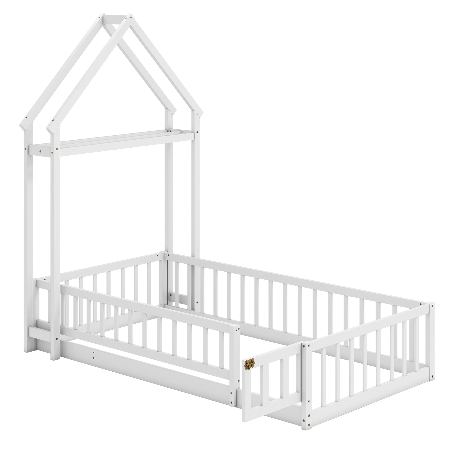 SUGIFT Montessori Low-to-Ground Twin House Floor Bed with Guardrails, Gate and Drying Rack Toddler Bed 74-in Tall White