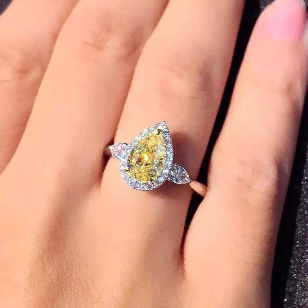 Water Drop Tear Shaped Cubic Zirconia Promise Halo Engagement Promise Eternity Ring