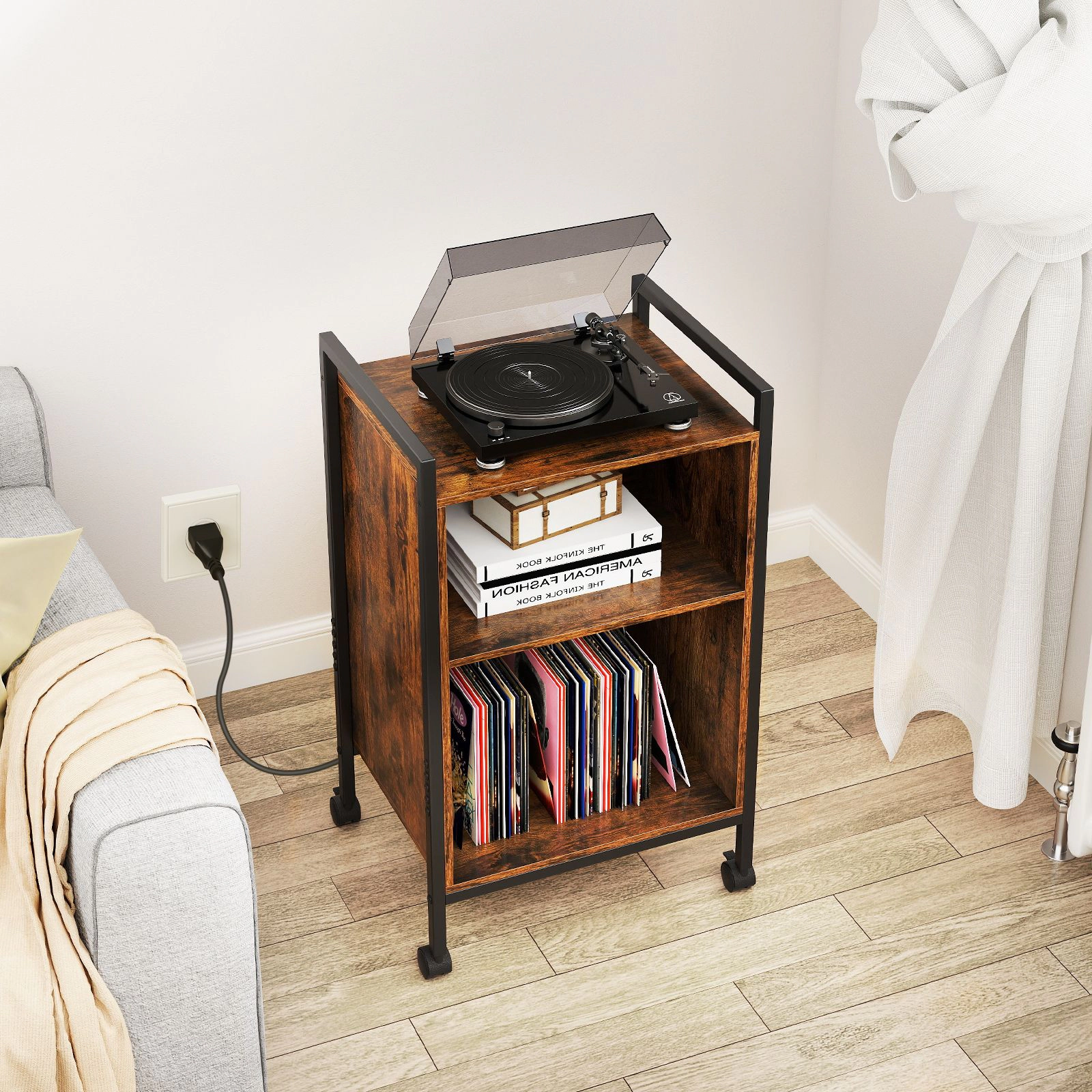 SlickBlue Modern Vinyl Record Player Stand with Storage Shelf and Charging Station